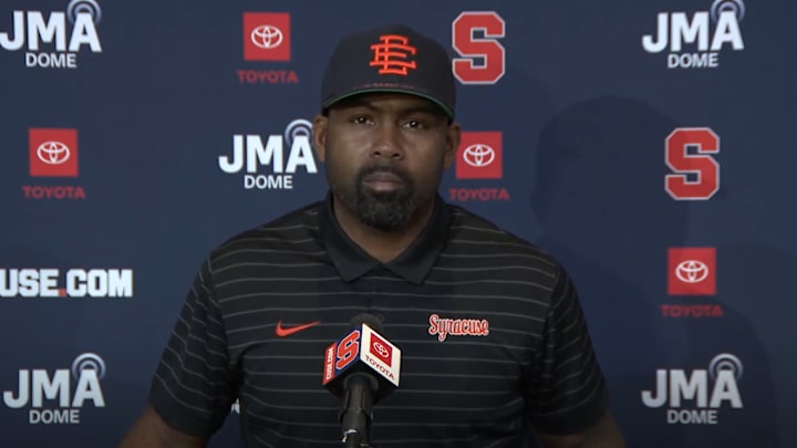 October 27, 2025; Syracuse, New York, USA; Syracuse coach Fran Brown addresses the media at his weekly news conference at the John A. Lally Athletics Complex. Mandatory Credit: Screen shot courtesy Syracuse University Athletic Communications October 27, 2025; Syracuse, New York, USA; Syracuse coach Fran Brown addresses the media at his weekly news conference at the John A. Lally Athletics Complex. Mandatory Credit: Screen shot courtesy Syracuse University Athletic Communications