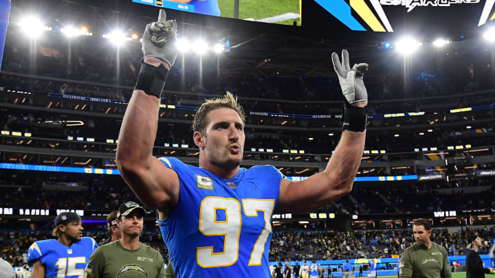 Nov 21, 2021; Inglewood, California, USA; Los Angeles Chargers defensive end Joey Bosa (97) celebrates the victory against the Pittsburgh Steelers at SoFi Stadium. Mandatory Credit: Gary A. Vasquez-USA TODAY Sports