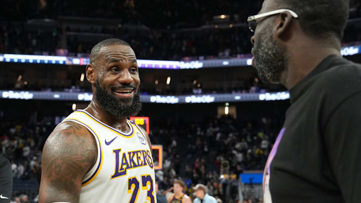 Jan 25, 2025; San Francisco, California, USA; Los Angeles Lakers forward LeBron James (23) talks with Golden State Warriors forward Draymond Green (right) after the game at Chase Center. Mandatory Credit: Darren Yamashita-Imagn Images