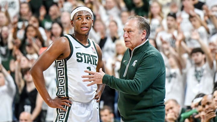 Michigan State's coach Tom Izzo, right, talks with Jeremy Fears Jr. during the first half against Colgate on Monday, Nov. 3, 2025, at the Breslin Center in East Lansing.