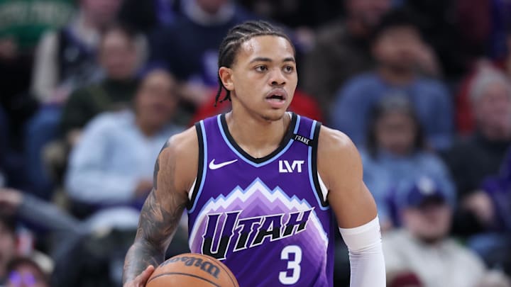 Dec 30, 2025; Salt Lake City, Utah, USA; Utah Jazz guard Keyonte George (3) brings the ball up the court against the Boston Celtics during the second half at Delta Center. Mandatory Credit: Rob Gray-Imagn Images Dec 30, 2025; Salt Lake City, Utah, USA; Utah Jazz guard Keyonte George (3) brings the ball up the court against the Boston Celtics during the second half at Delta Center. Mandatory Credit: Rob Gray-Imagn Images