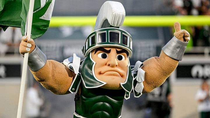 Michigan State’s mascot Sparty takes the field before the football game against Toledo on Friday, Sept. 4, 2026, at Spartan Stadium in East Lansing. Michigan State’s mascot Sparty takes the field before the football game against Toledo on Friday, Sept. 4, 2026, at Spartan Stadium in East Lansing.