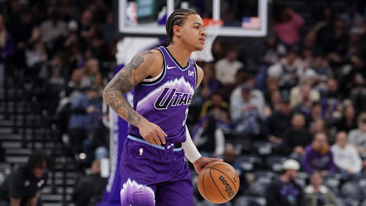 Jan 24, 2026; Salt Lake City, Utah, USA;  Utah Jazz guard Keyonte George (3) controls the ball during the second half against the Miami Heat at Delta Center. Mandatory Credit: Chris Nicoll-Imagn Images