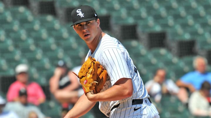 Jun 25, 2025; Chicago, Illinois, USA; Chicago White Sox pitcher Grant Taylor (31) watches his first during the eighth inning against the Arizona Diamondbacks at Rate Field. Mandatory Credit: Patrick Gorski-Imagn Images