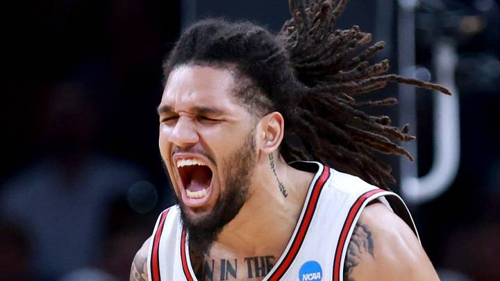 Houston's Emanuel Sharp (21) celebrates during a second-round game in the NCAA men's basketball tournament between Houston Cougars and Texas A&M Aggies at Paycom Center in Oklahoma City, Saturday March 21, 2026.