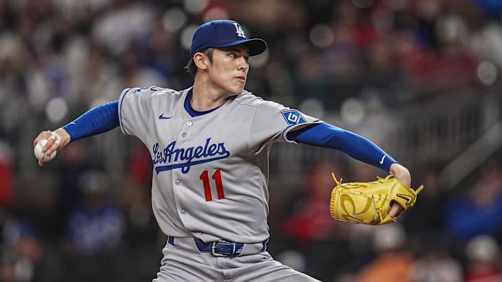May 3, 2025; Cumberland, Georgia, USA; Los Angeles Dodgers starting pitcher Roki Sasaki (11) pitches against the Atlanta Braves during the first inning at Truist Park. Mandatory Credit: Dale Zanine-Imagn Images