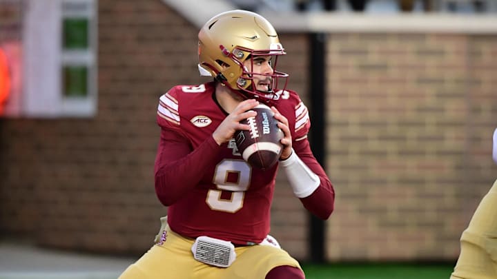 Nov 15, 2025; Chestnut Hill, Massachusetts, USA;  Boston College Eagles quarterback Dylan Lonergan (9) gets set to pass the ball during the first half against Georgia Tech Yellow Jackets at Alumni Stadium. Mandatory Credit: Bob DeChiara-Imagn Images