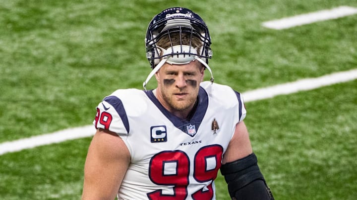 Dec 20, 2020; Indianapolis, Indiana, USA; Houston Texans defensive end J.J. Watt (99) during warmups before the game against the Indianapolis Colts at Lucas Oil Stadium. Mandatory Credit: Trevor Ruszkowski-Imagn Images