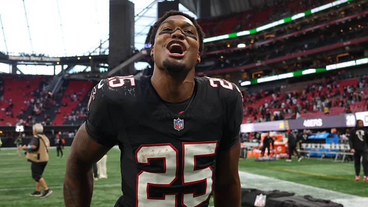Atlanta Falcons running back Khalil Herbert celebrates the win over the San Francisco 49ers. Atlanta Falcons running back Khalil Herbert celebrates the win over the San Francisco 49ers.