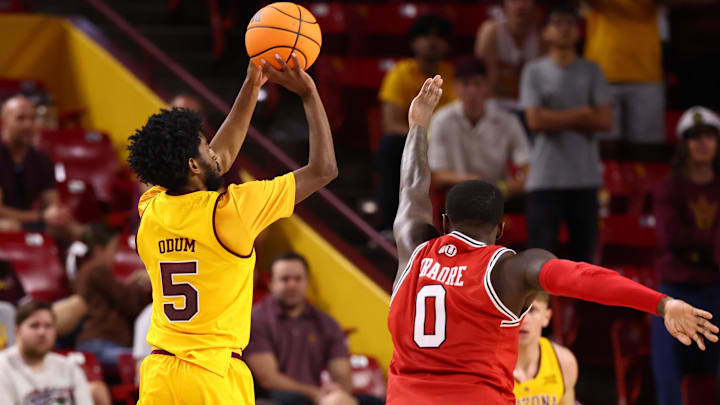 Feb 28, 2026; Tempe, Arizona, USA; Arizona State Sun Devils guard Maurice Odum (5) shoots a three pointer against the Utah Utes in the first half at Desert Financial Arena. Mandatory Credit: Mark J. Rebilas-Imagn Images Feb 28, 2026; Tempe, Arizona, USA; Arizona State Sun Devils guard Maurice Odum (5) shoots a three pointer against the Utah Utes in the first half at Desert Financial Arena. Mandatory Credit: Mark J. Rebilas-Imagn Images