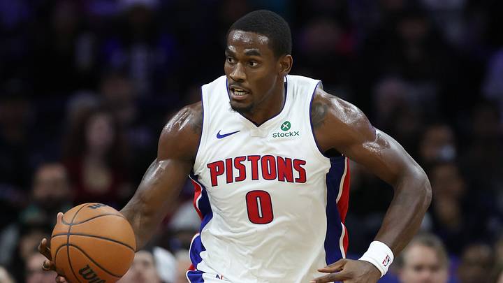 Nov 9, 2025; Philadelphia, Pennsylvania, USA; Detroit Pistons center Jalen Duren (0) dribbles the ball against the Philadelphia 76ers during the first quarter at Xfinity Mobile Arena. Mandatory Credit: Bill Streicher-Imagn Images