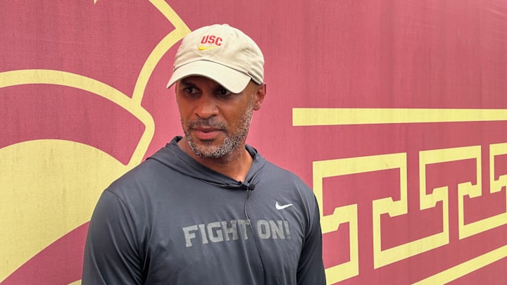 Defensive coordinator D'Anton Lynn speaks to the media after USC Fall Camp. 