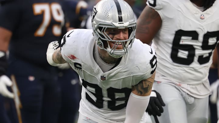 Las Vegas Raiders defensive end Maxx Crosby reacts against the Los Angeles Chargers during the first half at SoFi Stadium. Las Vegas Raiders defensive end Maxx Crosby reacts against the Los Angeles Chargers during the first half at SoFi Stadium.
