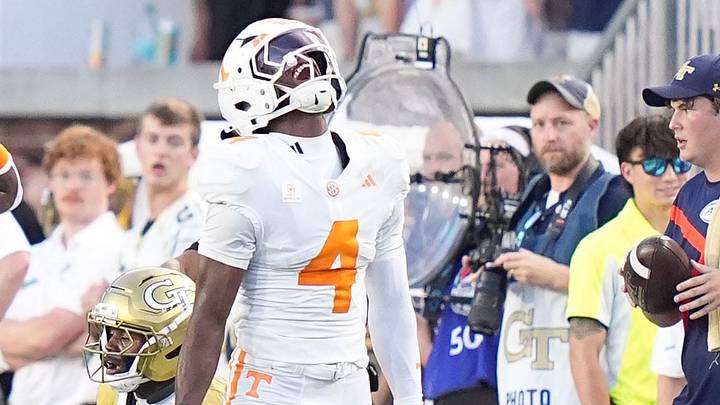 Tennessee defensive back TJ Metcalf (1) and Tennessee defensive back Ty Redmond (4) celebrate on the field during a college football game between Tennessee and Georgia Tech at Bobby Dodd Stadium in Atlanta, Ga., on Sept. 12, 2026. Tennessee defensive back TJ Metcalf (1) and Tennessee defensive back Ty Redmond (4) celebrate on the field during a college football game between Tennessee and Georgia Tech at Bobby Dodd Stadium in Atlanta, Ga., on Sept. 12, 2026.