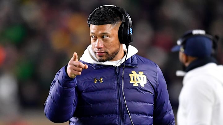 Dec 20, 2024; Notre Dame, Indiana, USA; Notre Dame Fighting Irish head coach Marcus Freeman during the third quarter against the Indiana Hoosiers at Notre Dame Stadium. 