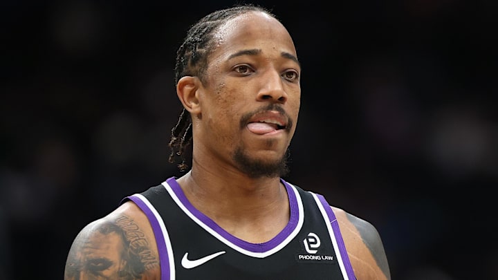 Feb 1, 2026; Washington, District of Columbia, USA; Sacramento Kings guard DeMar DeRozan (10) looks on during the first half against the Washington Wizards at Capital One Arena. Mandatory Credit: Daniel Kucin Jr.-Imagn Images