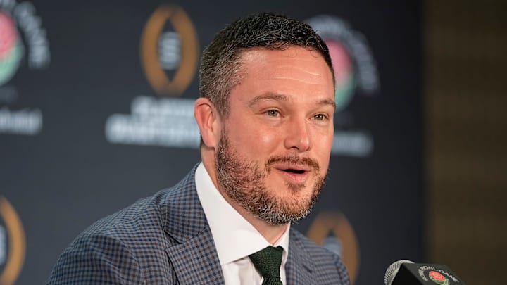 Oregon Ducks head coach Dan Lanning speaks during a Rose Bowl press conference in Los Angeles on Dec. 31, 2024. Oregon Ducks head coach Dan Lanning speaks during a Rose Bowl press conference in Los Angeles on Dec. 31, 2024.