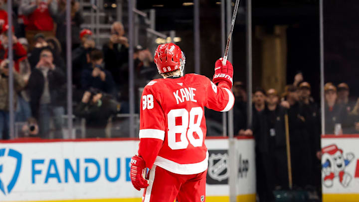 Jan 29, 2026; Detroit, Michigan, USA;  Detroit Red Wings right wing Patrick Kane (88) celebrates after he gets his 1375 point in the second period against the Washington Capitals at Little Caesars Arena. Mandatory Credit: Rick Osentoski-Imagn Images