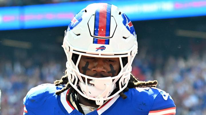 Oct 4, 2026; Orchard Park, New York, USA;  Buffalo Bills running back James Cook #4 celebrates after scoring a touchdown during the second quarter against the New England Patriots at New Highmark Stadium.  Mandatory Credit: Mark Konezny-Imagn Images