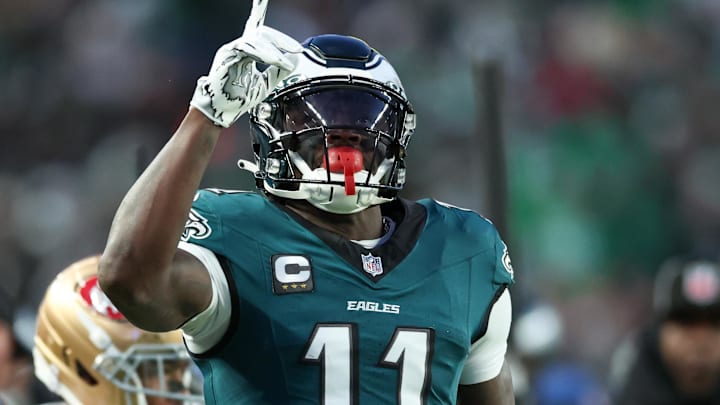 Jan 11, 2026; Philadelphia, PA, USA; Philadelphia Eagles wide receiver A.J. Brown (11) celebrates first down against the San Francisco 49ers during the first quarter in an NFC Wild Card Round game at Lincoln Financial Field. Mandatory Credit: Bill Streicher-Imagn Images
