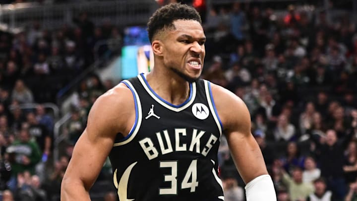 Nov 7, 2025; Milwaukee, Wisconsin, USA; Milwaukee Bucks forward Giannis Antetokounmpo (34) reacts after scoring a basket in the 3rd quarter against the Chicago Bulls at Fiserv Forum. Mandatory Credit: Benny Sieu-Imagn Images