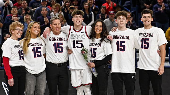The Few family celebrates Joe Few’s senior night at the McCarthey Athletic Center before Gonzaga’s game against Saint Mary’s. AJ Few, pictured on the far right, is now set to begin a new role with Boise State men’s basketball. 