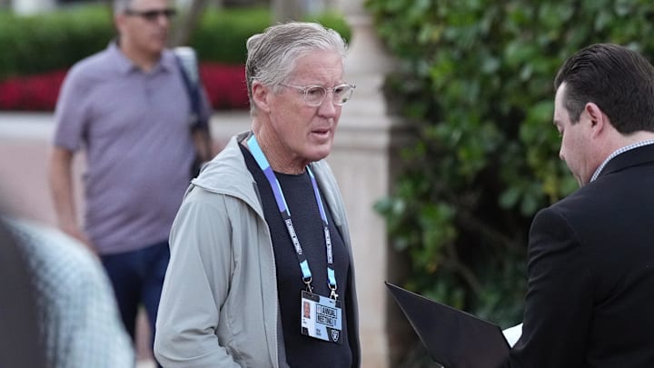 Mar 31, 2025; Palm Beach, FL, USA;  Las Vegas Raiders head coach Pete Carroll attends the NFL Annual League Meeting at The Breakers. Mandatory Credit: Jim Rassol-Imagn Images