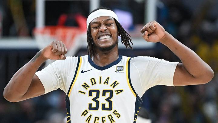 Indiana Pacers center Myles Turner (33) reacts to a play during the second half against the Brooklyn Nets at Gainbridge Fieldhouse on March 22, 2025.