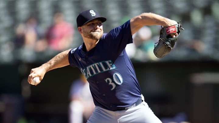 Sep 5, 2024; Oakland, California, USA; Seattle Mariners pitcher Austin Voth (30) delivers a pitch against the Oakland Athletics during the eighth inning at Oakland-Alameda County Coliseum. Mandatory Credit: D. Ross Cameron-Imagn Images