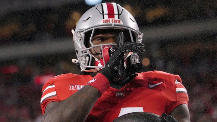 Sept. 7, 2024; Columbus, Ohio, USA;
Ohio State Buckeyes wide receiver Jeremiah Smith (4) celebrates after scoring a touchdown during the first half of an NCAA Division I football game on Saturday at Ohio Stadium.