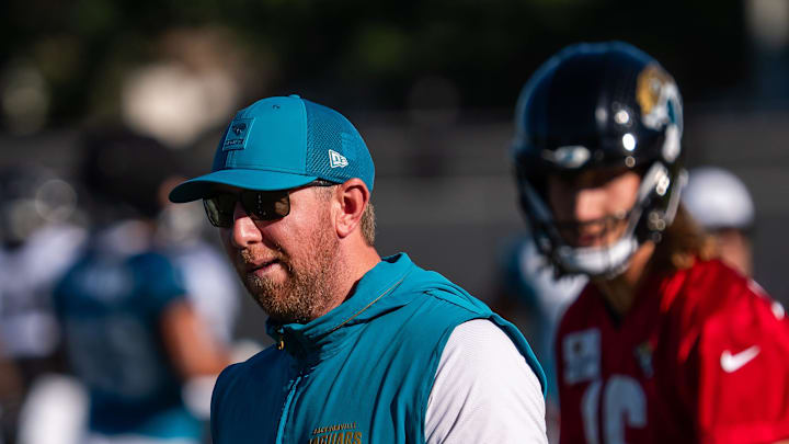 Jacksonville Jaguars head coach Liam Coen watches practice during an NFL training camp second session at the Miller Electric Center, Thursday, July 24, 2025, in Jacksonville, Fla. [Doug Engle/Florida Times-Union]