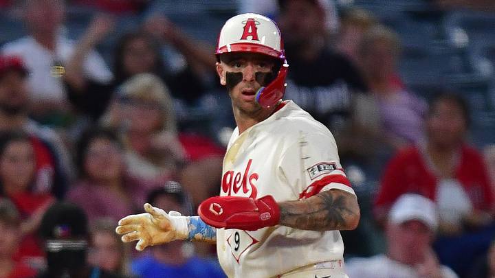 Aug 24, 2026; Anaheim, California, USA; Los Angeles Angels shortstop Zach Neto (9) reaches third against the Cleveland Guardians during the fourth inning at Angel Stadium. Mandatory Credit: Gary A. Vasquez-Imagn Images