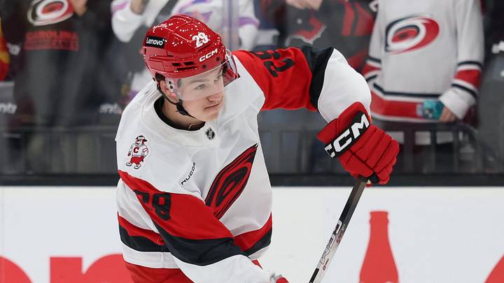 Apr 11, 2026; Salt Lake City, Utah, USA; Carolina Hurricanes left wing Bradly Nadeau (29) warms up before a game against the against the Utah Mammoth at Delta Center. Mandatory Credit: Rob Gray-Imagn Images