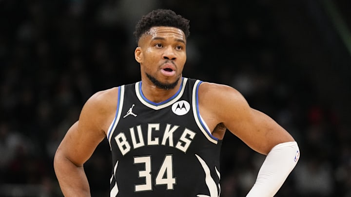 Jan 23, 2026; Milwaukee, Wisconsin, USA; Milwaukee Bucks forward Giannis Antetokounmpo (34) looks on during the second quarter against the Denver Nuggets at Fiserv Forum. Mandatory Credit: Jeff Hanisch-Imagn Images Jan 23, 2026; Milwaukee, Wisconsin, USA; Milwaukee Bucks forward Giannis Antetokounmpo (34) looks on during the second quarter against the Denver Nuggets at Fiserv Forum. Mandatory Credit: Jeff Hanisch-Imagn Images