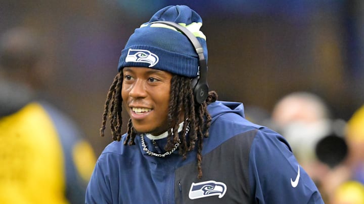 Nov 16, 2025; Inglewood, California, USA; Seattle Seahawks wide receiver Rashid Shaheed (22) warms up prior to the game against the Los Angeles Rams at SoFi Stadium. Mandatory Credit: Jayne Kamin-Oncea-Imagn Images