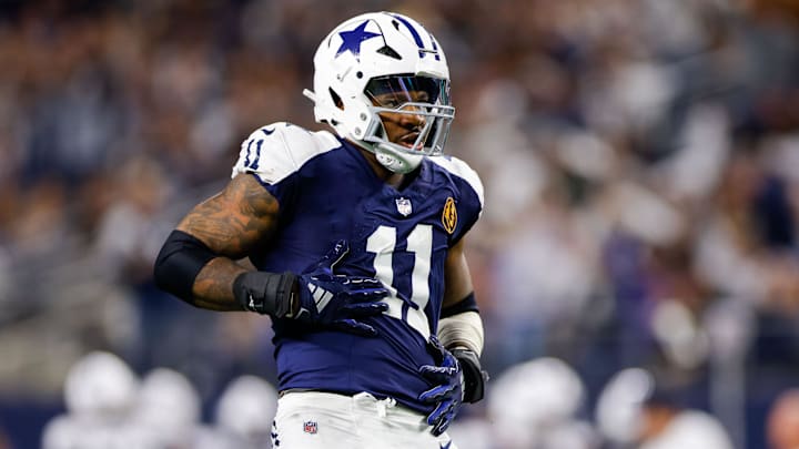 Nov 28, 2024; Arlington, Texas, USA; Dallas Cowboys linebacker Micah Parsons (11) celebrates after a sack during the third quarter against the New York Giants at AT&T Stadium. Mandatory Credit: Andrew Dieb-Imagn Images Nov 28, 2024; Arlington, Texas, USA; Dallas Cowboys linebacker Micah Parsons (11) celebrates after a sack during the third quarter against the New York Giants at AT&T Stadium. Mandatory Credit: Andrew Dieb-Imagn Images
