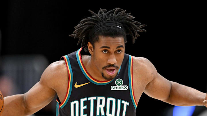 Detroit Pistons guard Jaden Ivey takes the ball up the court against the Miami Heat. Detroit Pistons guard Jaden Ivey takes the ball up the court against the Miami Heat.