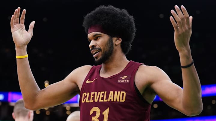 Dec 12, 2023; Boston, Massachusetts, USA; Cleveland Cavaliers center Jarrett Allen (31) reacts after being called for a foul against Boston Celtics center Kristaps Porzingis (8) in the second half at TD Garden. Mandatory Credit: David Butler II-Imagn Images