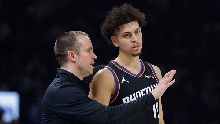 Apr 12, 2026; Oklahoma City, Oklahoma, USA; Phoenix Suns head coach Jordan Ott talks to Phoenix Suns guard Koby Brea (14) during the first half at Paycom Center. Mandatory Credit: Alonzo Adams-Imagn Images Apr 12, 2026; Oklahoma City, Oklahoma, USA; Phoenix Suns head coach Jordan Ott talks to Phoenix Suns guard Koby Brea (14) during the first half at Paycom Center. Mandatory Credit: Alonzo Adams-Imagn Images