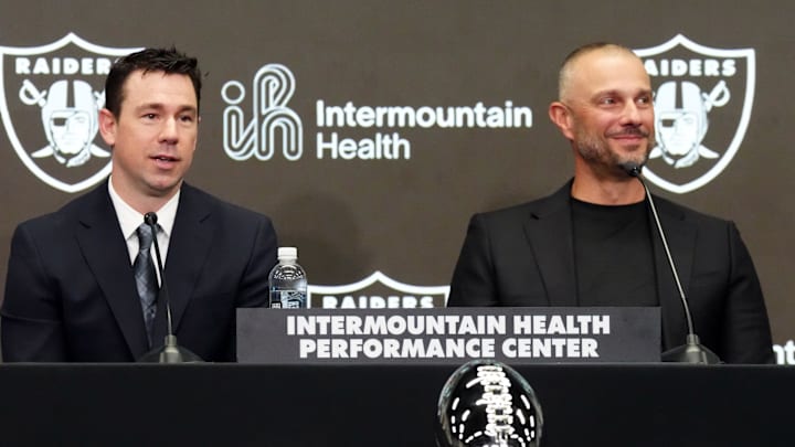 Feb 10, 2026; Henderson, NV, USA; Las Vegas Raiders coach Klint Kubiak (left) and general manager John Spytek at introductory press conference at Intermountain Health Performance Center. Mandatory Credit: Kirby Lee-Imagn Images Feb 10, 2026; Henderson, NV, USA; Las Vegas Raiders coach Klint Kubiak (left) and general manager John Spytek at introductory press conference at Intermountain Health Performance Center. Mandatory Credit: Kirby Lee-Imagn Images
