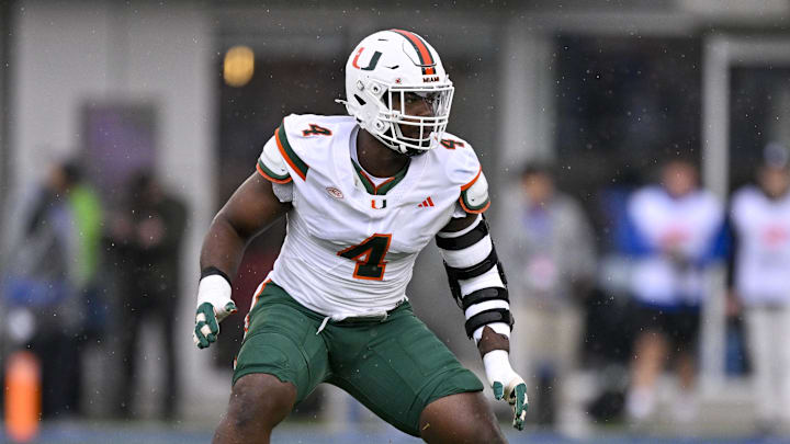 Nov 1, 2025; Dallas, Texas, USA;  Miami Hurricanes defensive lineman Rueben Bain Jr. (4) drops into coverage during the game between the Mustangs and the Hurricanes at Gerald J. Ford Stadium. Mandatory Credit: Jerome Miron-Imagn Images