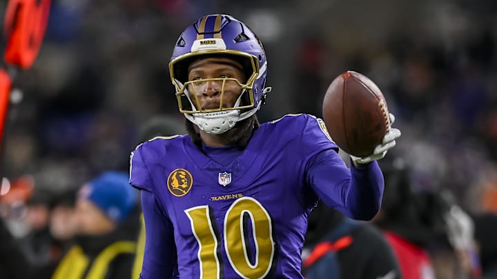 Nov 27, 2025; Baltimore, Maryland, USA; Baltimore Ravens wide receiver Deandre Hopkins (10) reacts after making a reception for a first down during the second half  against the Cincinnati Bengals at M&T Bank Stadium. Mandatory Credit: Tommy Gilligan-Imagn Images