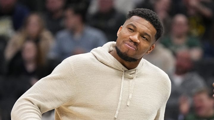 Apr 10, 2026; Milwaukee, Wisconsin, USA;  Milwaukee Bucks forward Giannis Antetokounmpo reacts following a play during the second quarter against the Brooklyn Nets at Fiserv Forum. Mandatory Credit: Jeff Hanisch-Imagn Images