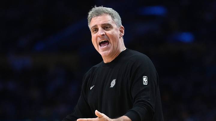 Portland Trail Blazers head coach Micah Nori reacts against the Los Angeles Lakers. Portland Trail Blazers head coach Micah Nori reacts against the Los Angeles Lakers.