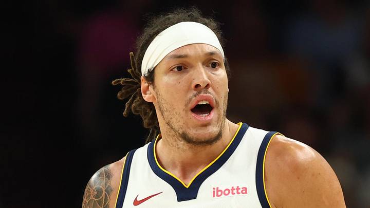 Mar 24, 2026; Phoenix, Arizona, USA; Denver Nuggets forward Aaron Gordon (32) reacts to NBA referee Dannica Baroody against the Phoenix Suns at Mortgage Matchup Center. Mandatory Credit: Mark J. Rebilas-Imagn Images