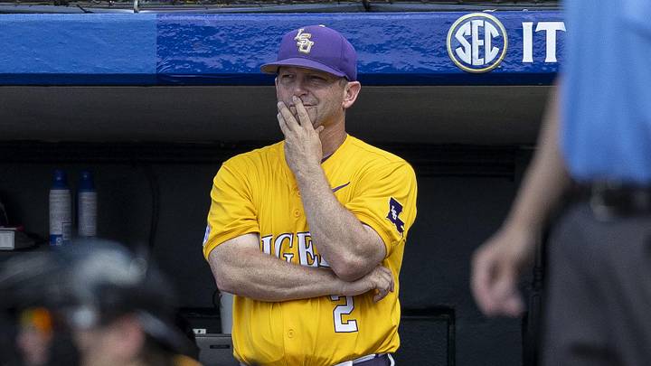 LSU Tigers head coach Jay Johnson watches the game during the championship game between Tennessee and LSU at the SEC Baseball Tournament at Hoover Metropolitan Stadium. 