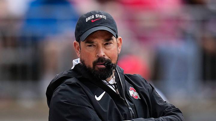 Ohio State Buckeyes head coach Ryan Day watches his players in the first half of the Ohio State football spring game at Ohio Stadium on Saturday, April 18, 2026 in Columbus, Ohio.