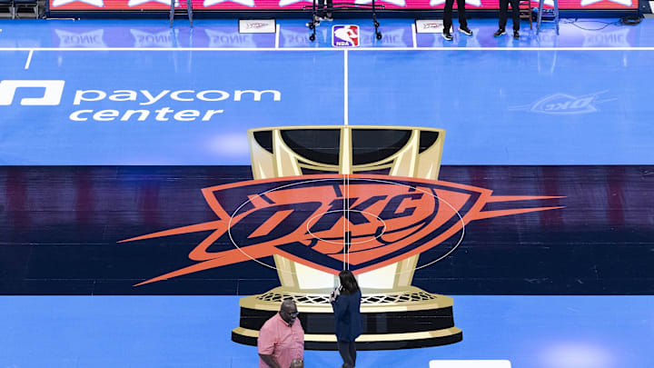 Nov 3, 2023; Oklahoma City, Oklahoma, USA; A view of the tournament court before the game between the Golden State Warriors and Oklahoma City Thunder at Paycom Center. Mandatory Credit: Alonzo Adams-Imagn Images
