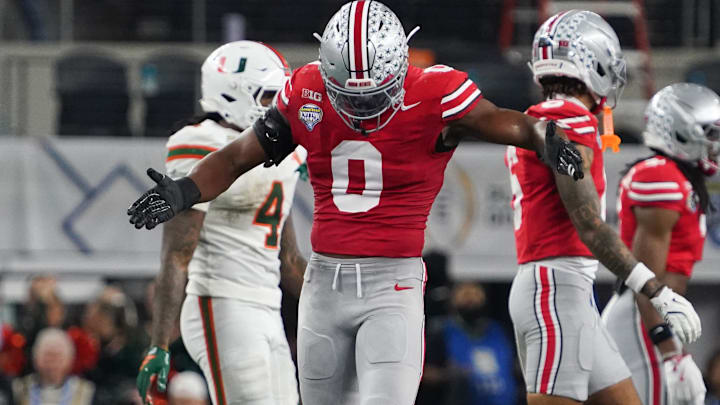 Ohio State Buckeyes linebacker Sonny Styles reacts in the second quarter against the Miami Hurricanes.