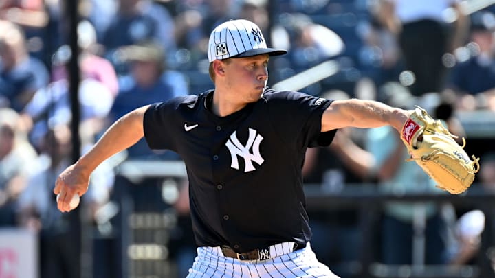 Feb 26, 2025; Tampa, Florida, USA; New York Yankees starting pitcher Will Warren (98) throws a pitch in the first inning against the St. Louis Cardinals during spring training at George M. Steinbrenner Field. Feb 26, 2025; Tampa, Florida, USA; New York Yankees starting pitcher Will Warren (98) throws a pitch in the first inning against the St. Louis Cardinals during spring training at George M. Steinbrenner Field.